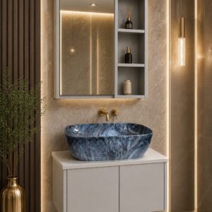 Home wall mounted vanity with mirror and wash basin|