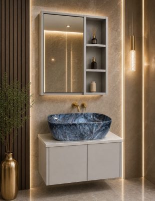 Home wall mounted vanity with mirror and wash basin|