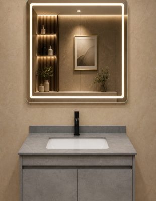 Home wall mounted vanity with mirror and wash basin|