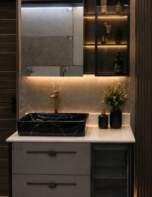 Home wall mounted vanity with mirror and wash basin|